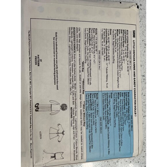 McCalls 5898 Annies Clothes Line Little Orphan Annie & Sandy Character Dolls Pat - Picture 2 of 2